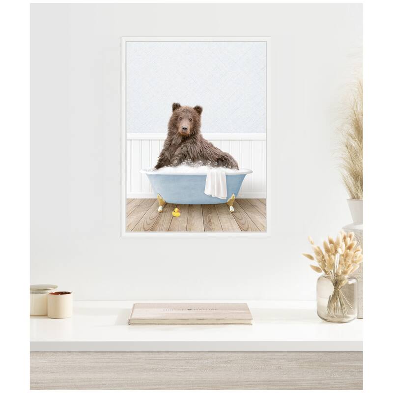 Kate and Laurel Sylvie Bear in Cottage Blue Bathtub Framed Canvas by Amy Peterson