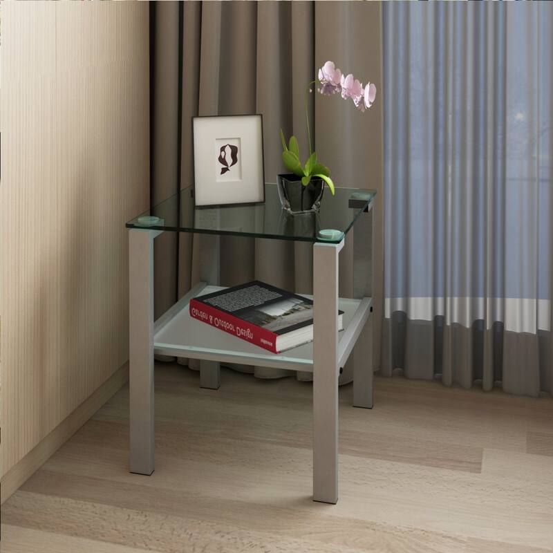 Glass two layer tea table, small round table, bedroom corner table, living room white side table(White)