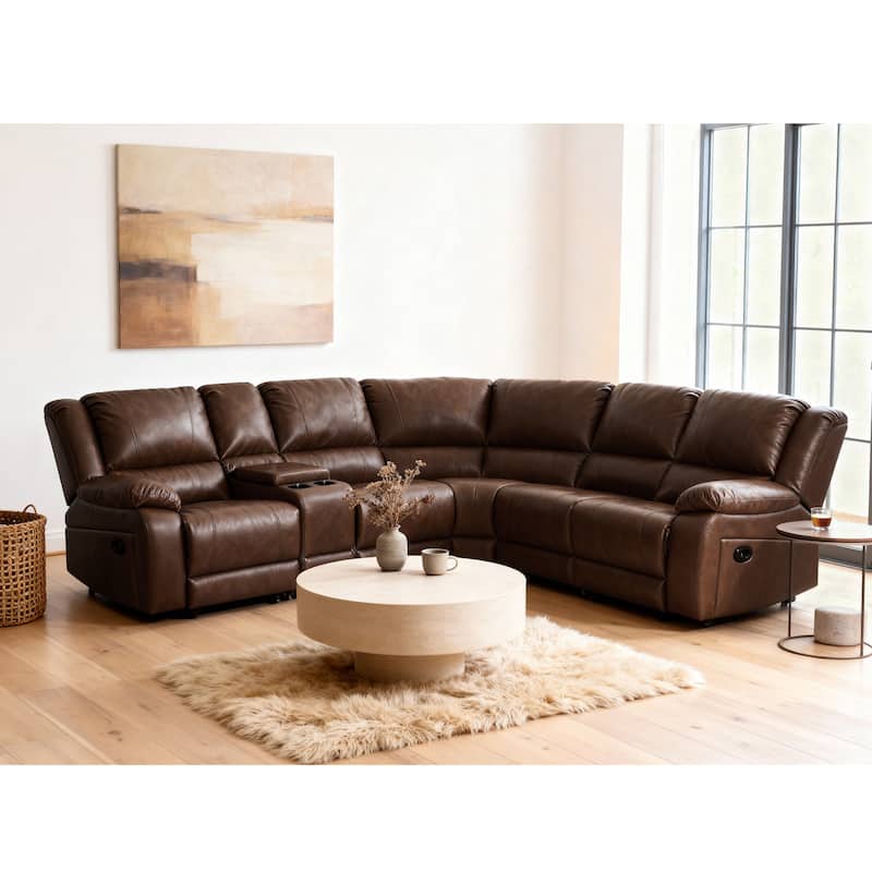 6PCS, 2 Manual Recliners, Faux Leather Reclining Sectional with Center Console - Dark Brown