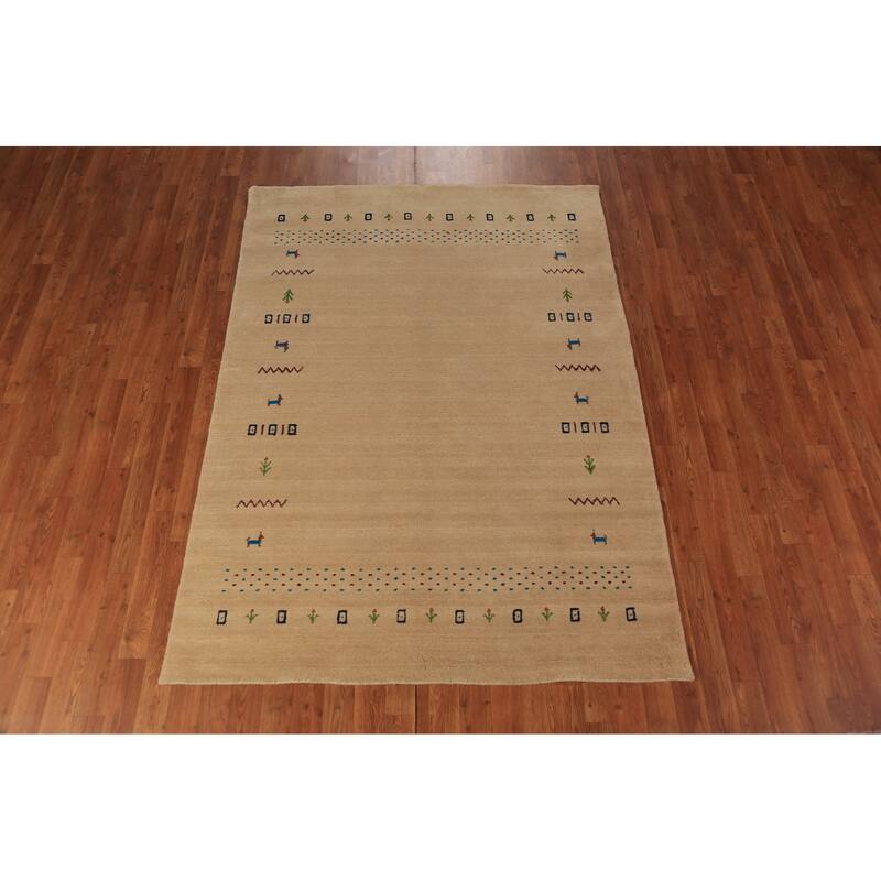 Tribal Gabbeh Oriental Area Rug Hand-Knotted Yellow Wool Carpet - 4'9" x 6'6"