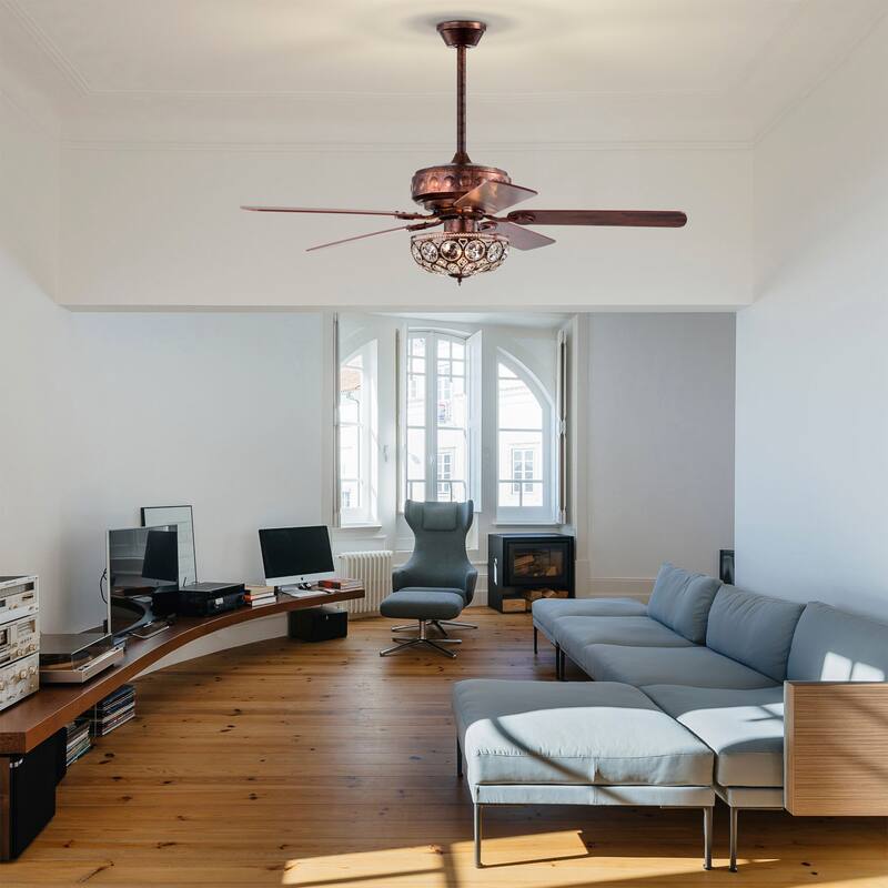 Jasiah 52 Inch Antique Copper Finish Mid-Century Style Crystal Ceiling Fan with Remote
