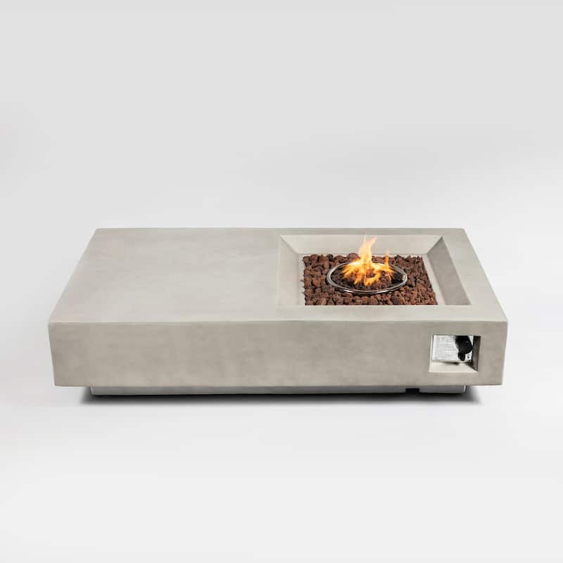 60 Inch Concrete Large Outdoor Fire Pit Table in Light Gray with Lava Rocks - 60" x 14" - Light Gray - Propane