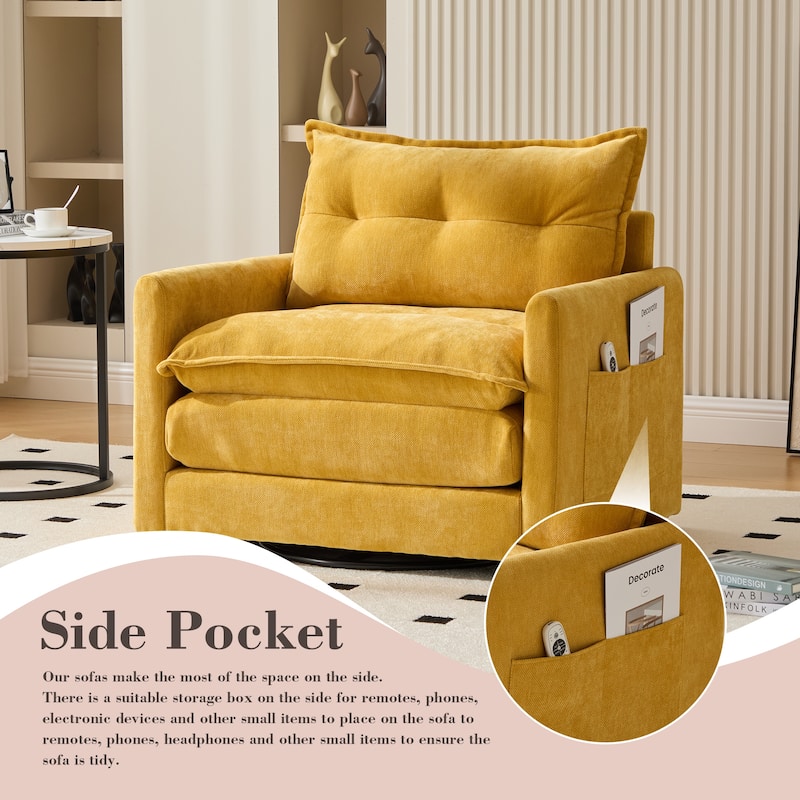 Chenille 360° Swivel Barrel Chair with Memory Foam and Side Pockets