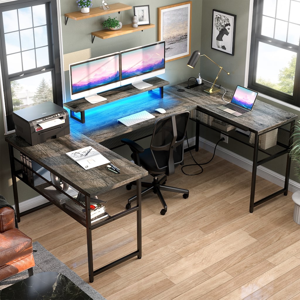 3-in-one U-Shape Computer Desk with Charge Station, Office Corner Desk with Monitor Stand
