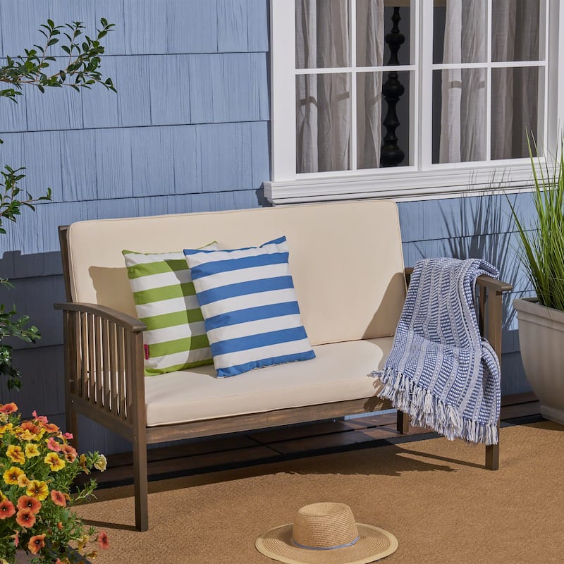 Carolina Outdoor Acacia Wood Loveseat by Christopher Knight Home - Gray/Cream