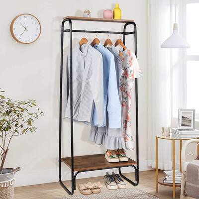 Clothes Rack with Wood Shelf, Freestanding Clothing Rack，Garment Rack