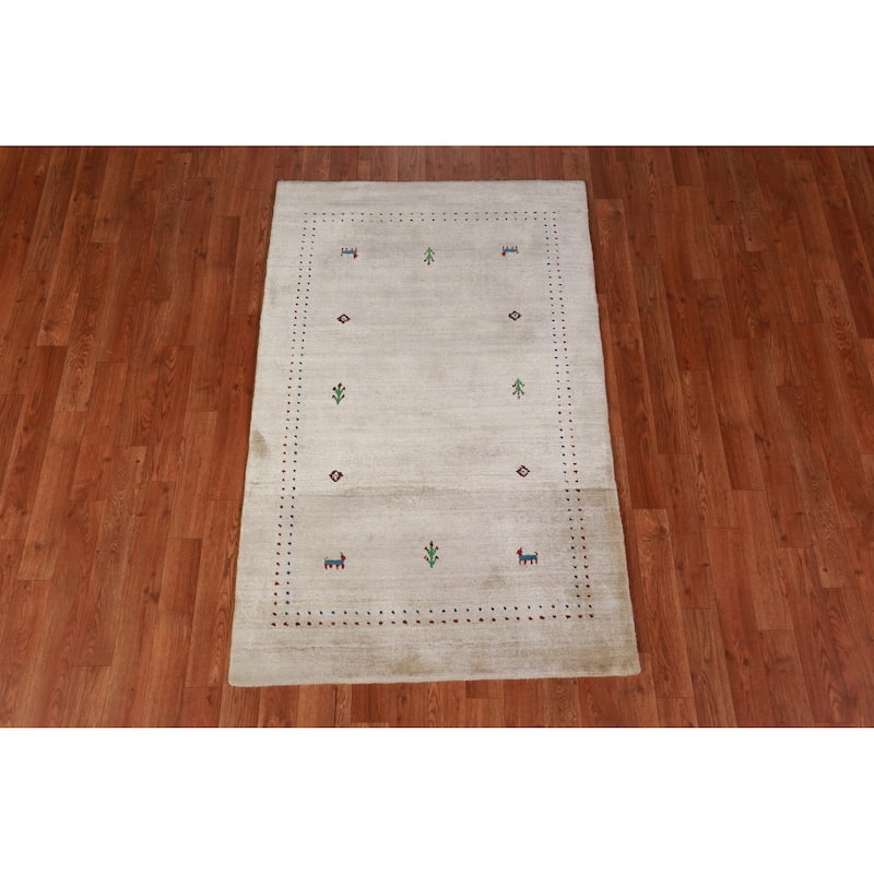 Hand Knotted Oriental 100% Wool Carpet Tribal Animal Pictorial Beige & Ivories Gabbeh Area Rug - 4' 10'' X 3' 0''