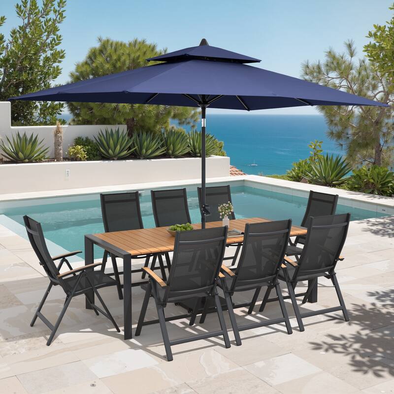 9/11-Piece Outdoor Patio Dining Set Aluminum Dining Table and Chairs w/10 ft Market Umbrella and Base with Wheels - Set of 11 - Brown Table with Navy Blue Umbrella