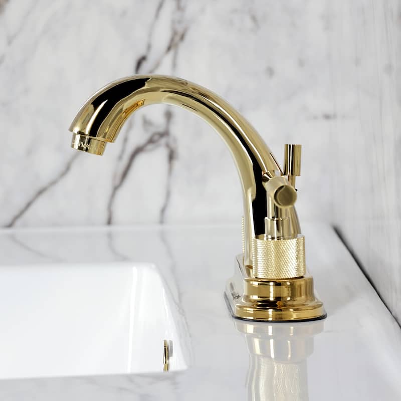 Kingston Brass Convergent Two-Handle 3-Hole Deck Mount 4" Centerset Bathroom Faucet with Knurled Handle and Brass Pop-Up Drain