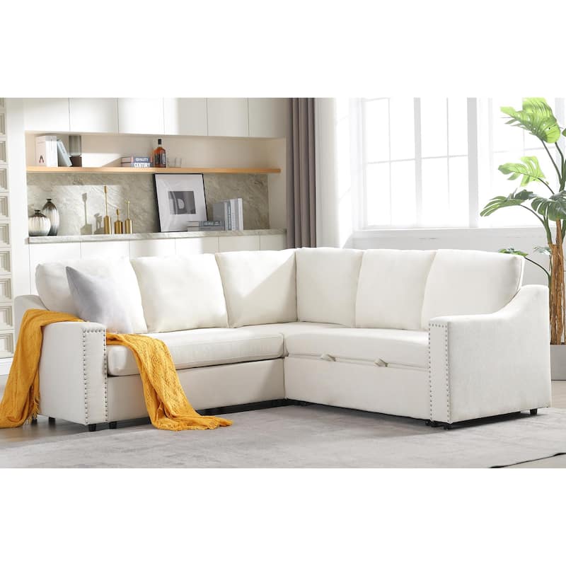 L-shaped Sleeper Sofa Bed in Beige Polyester, Multifunctional for Living Room & Office