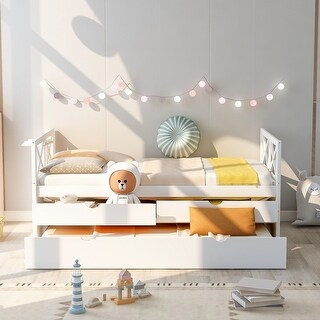 White Daybed with Storage Drawers and Timber-framed Trundle Base