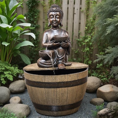 Outdoor Polyresin Buddha Fountain – Meditating Statue with Pumped Waterfall, Weather Resistant Yard Decor