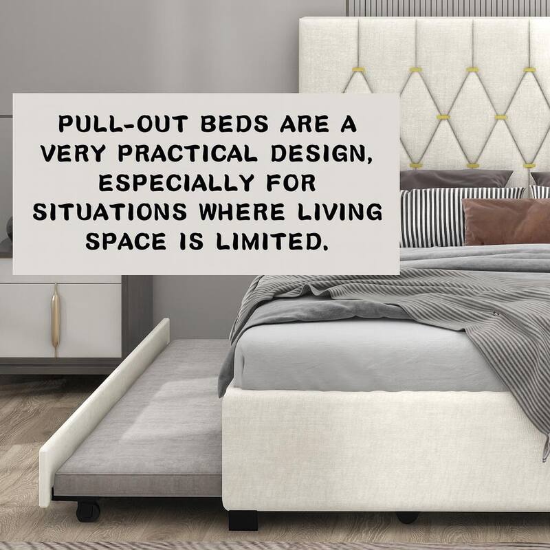 Queen Size Trundle Bed Upholstered Platform Bed Frame with Pull-Out Twin Trundle and Two Storage Drawers, No Box Spring Needed