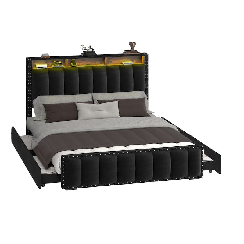 Velvet Upholstered Platform Bed with 4 Storage Drawers and RGB LED Lights&Charging Station