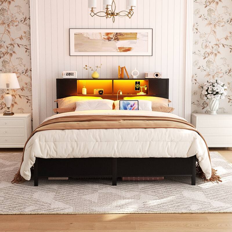 Storage Headboard Platform Bed Frame with Charge Station and LED Light - Black - Queen