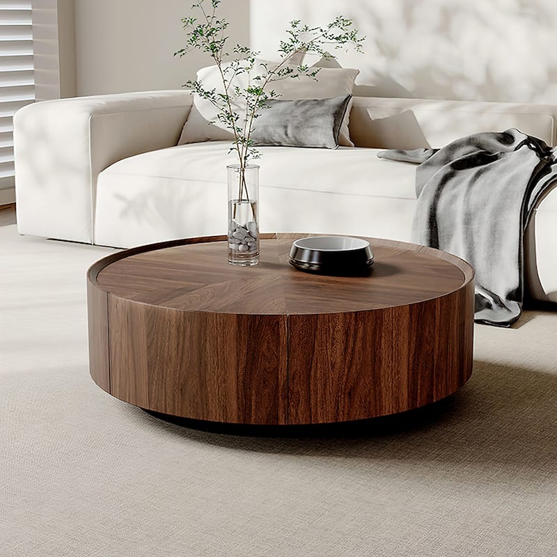 Industrial Walnut Round Coffee Table with Storage Drawers for Living Room and Home Office - 7'6" x 10'9"