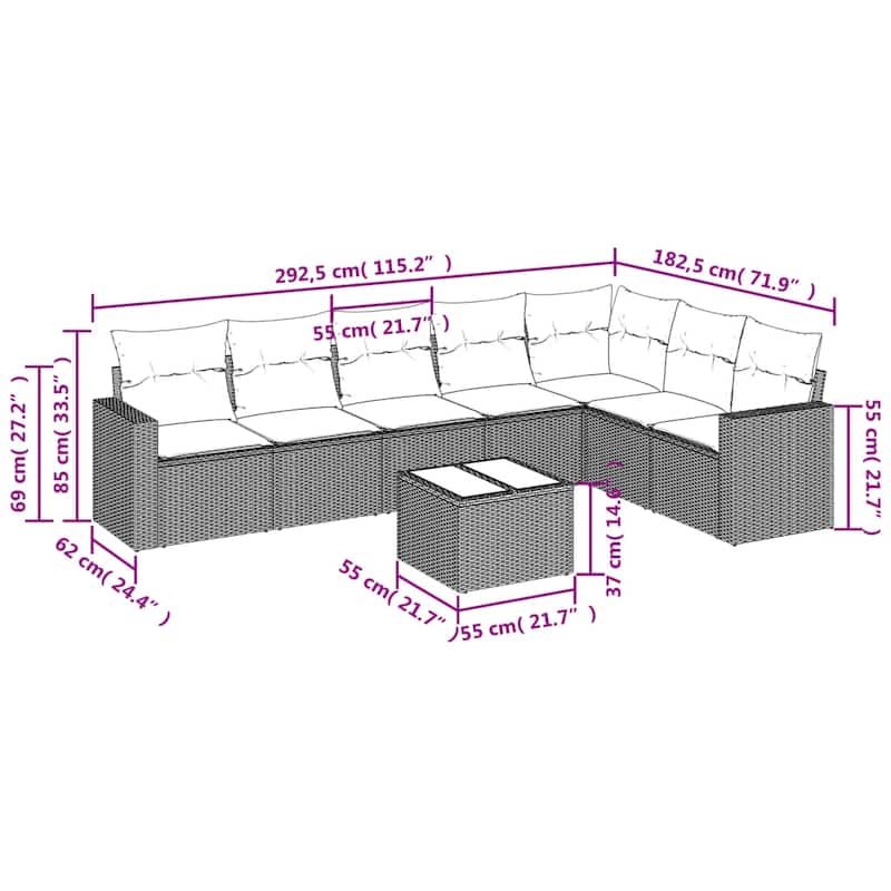 vidaXL Patio Sofa Set with Cushions Outdoor Conversation Furniture Poly Rattan - 25.8" x 24.4" x 27.2"