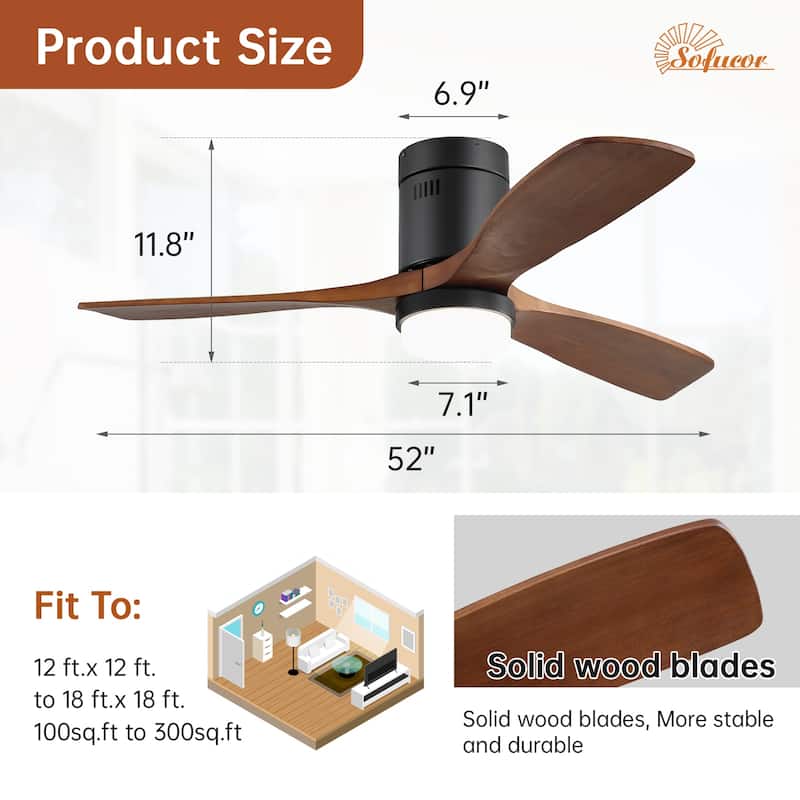 60 Inch Solid Wood Ceiling Fan with Light and Remote, Reverse Functions, Integrated Light Optional