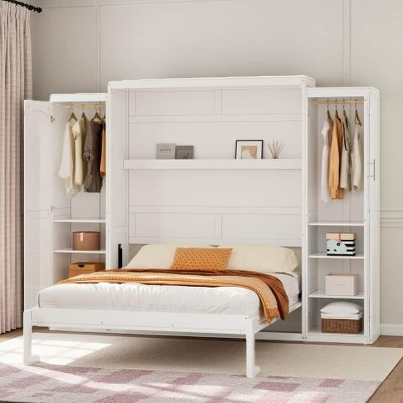 Convertible Full Size Wall Bed with Dual Wardrobes and Shelving, Foldable Platform Frame with Storage for Guest Room or Bedroom - White