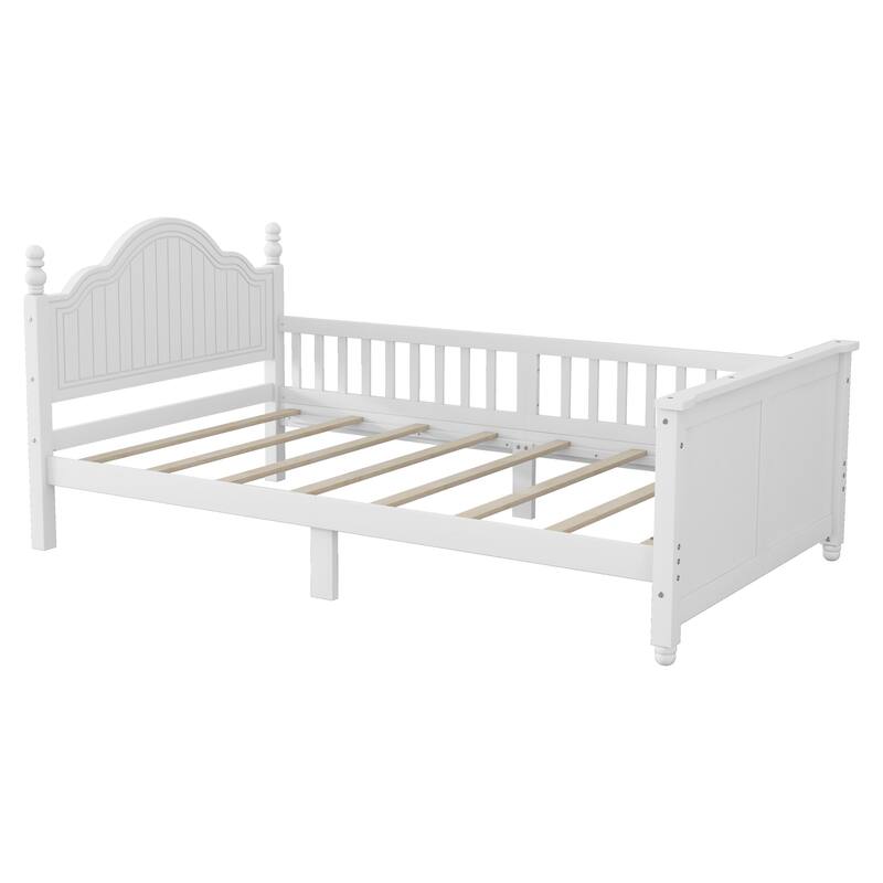 White Twin Size Wood Platform Bed with Headboard, Footboard, and Safety Guardrails for Kids