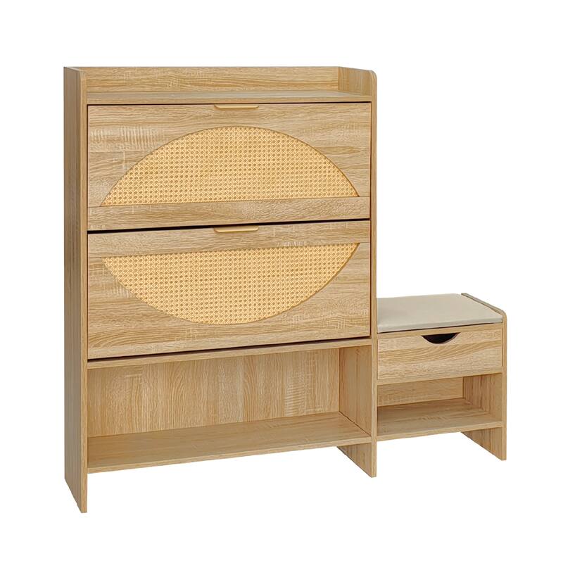 Rattan Shoe Storage Cabinet, Multi-functional Shoe Organizer, Narrow Shoe Rack with 2 Flip Drawers, 1 Storage Drawer & 1 Bench