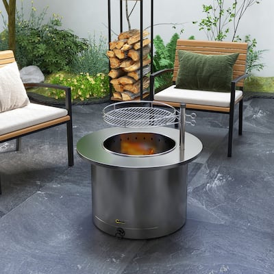 Outsunny 2-in-1 Smokeless Fire Pit, BBQ Grill, 25" Portable Wood Burning Firepit with Cooking Grate, Ash Tray & Poker, Low Smoke