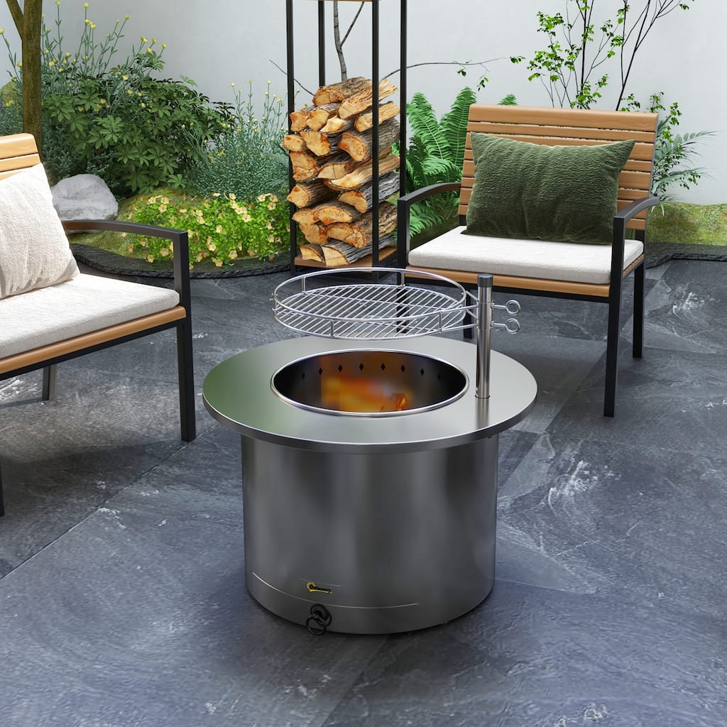 Outsunny 2-in-1 Smokeless Fire Pit, BBQ Grill, 25" Portable Wood Burning Firepit with Cooking Grate, Ash Tray & Poker, Low Smoke