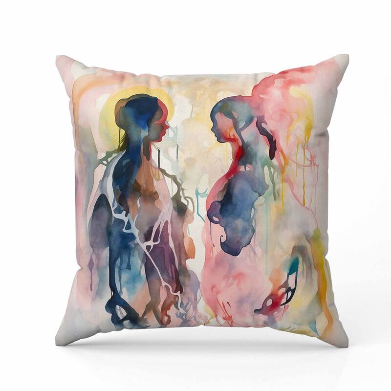 Two Human Feathers Faux Suede Reversible Throw Pillow Pink and Multi