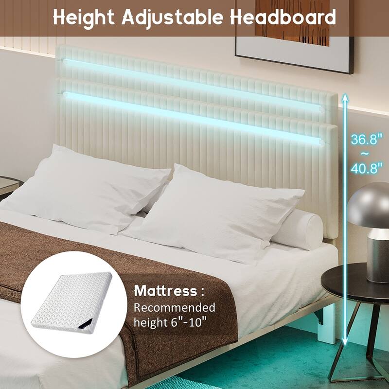 Modern Upholstered Floating Bed Frame with LED Lights Velvet Fabric Bed