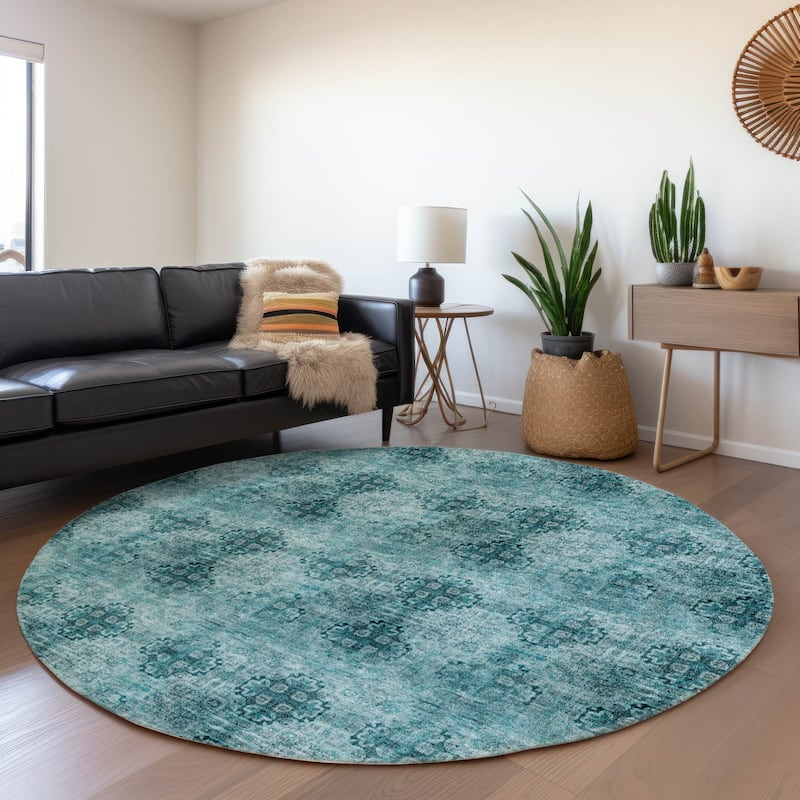 Machine Washable Indoor/ Outdoor Vintage Medallions Chantille Rug - Teal - 8' x 8'
