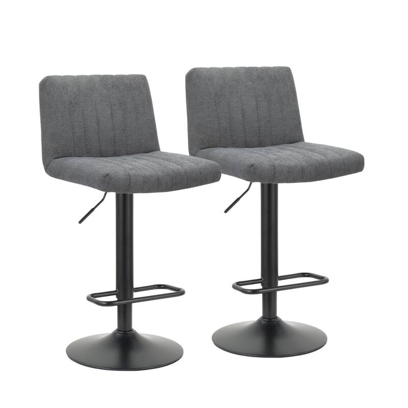 Set of 2 Modern Grey Adjustable Bar Stools with Fabric Seat and Tufted Back and Metal Pedestal Base - 35”H x 19”W x 18”D