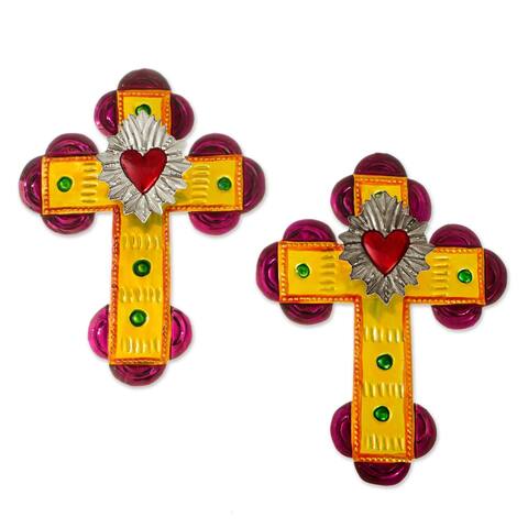 NOVICA Handmade Sacred Heart In Yellow Tin Wall Crosses (Pair)