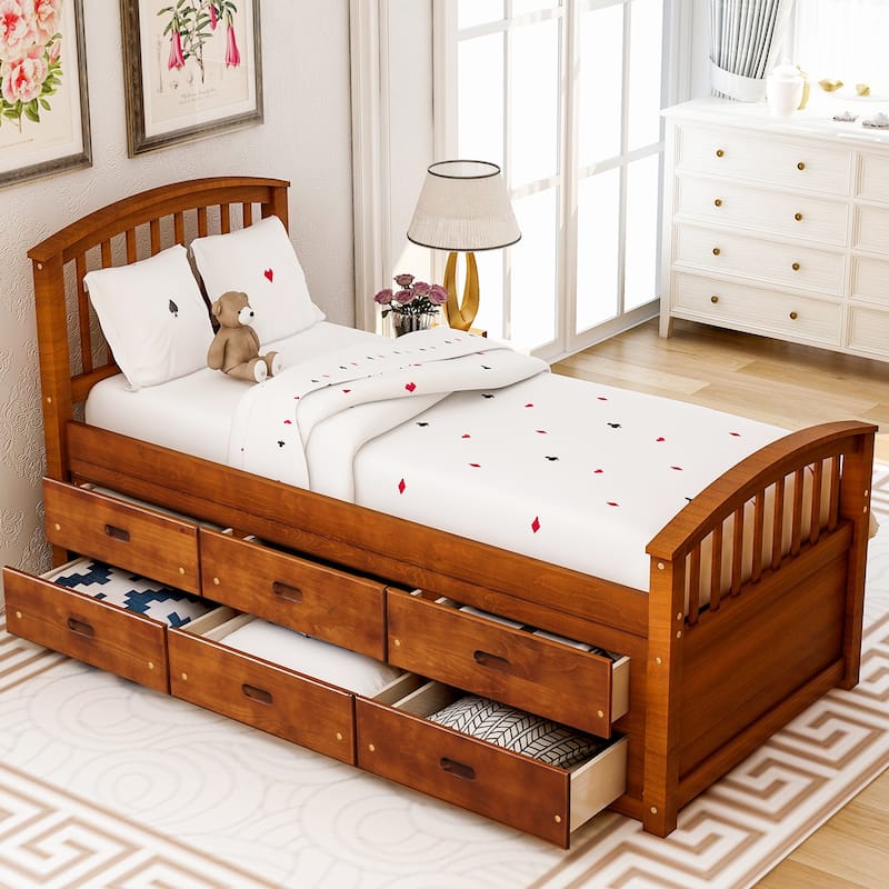 Twin Size Platform Captains Storage Bed Solid Wood Daybed with 6 Drawers Bookcase Bed Low Profile Bed Panel Bed
