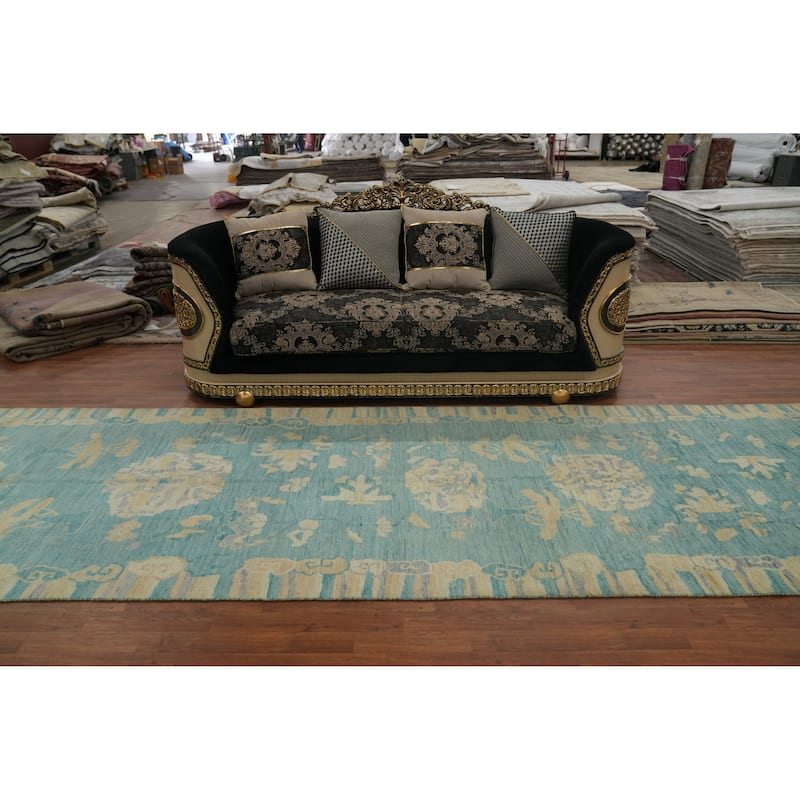 Hand Knotted Oriental 100% Wool Carpet Traditional Floral Navy Blue & Blues Ziegler Runner Rug - 18' 9'' X 4' 9''