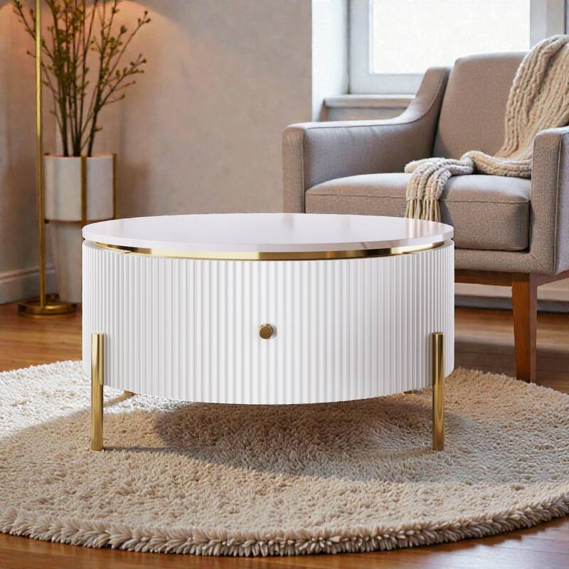 Modern Round Coffee Table with 2 Large Drawers, Marble Pattern MDF Top and Gold Metal Legs - White