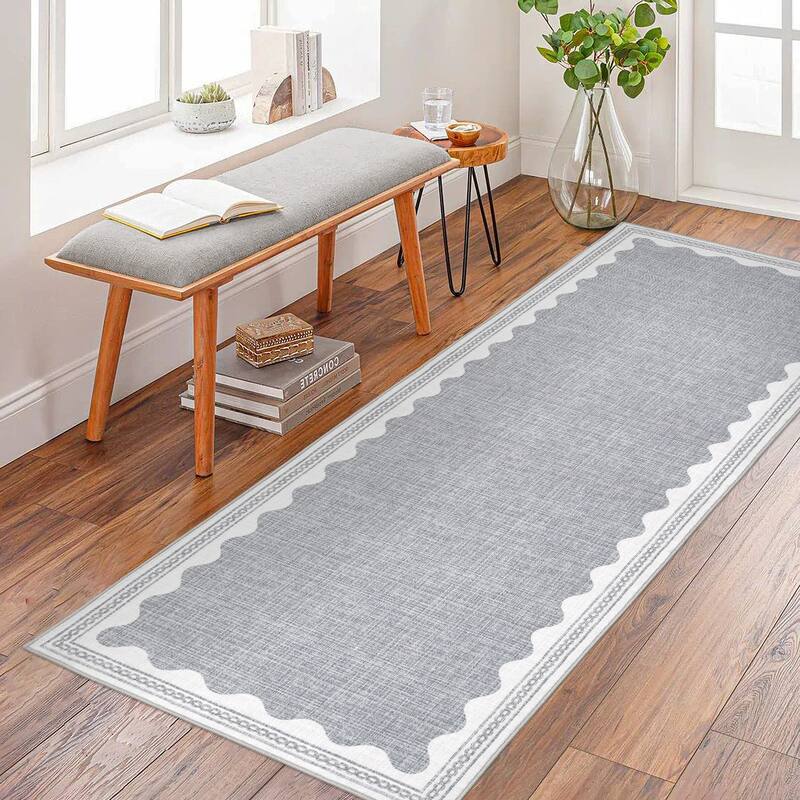 Scalloped Pattern Rugs for Living Room Bedroom Soft Non Slip Low Pile Throw Carpet Washable Foldable Area Rug - 2'x6' - Gray