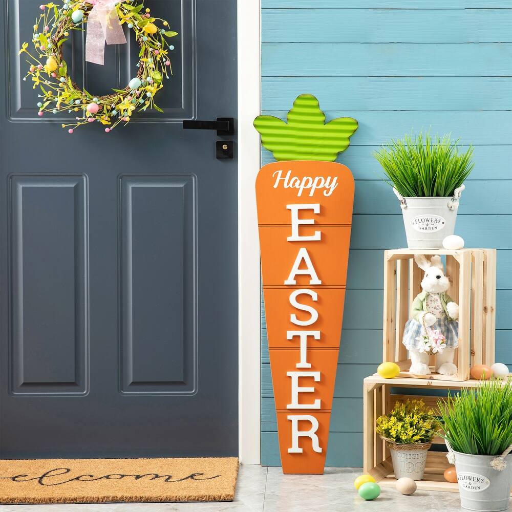 Glitzhome 42"H Easter Wooden Metal Carrot Bunny Porch Sign Spring Gifts