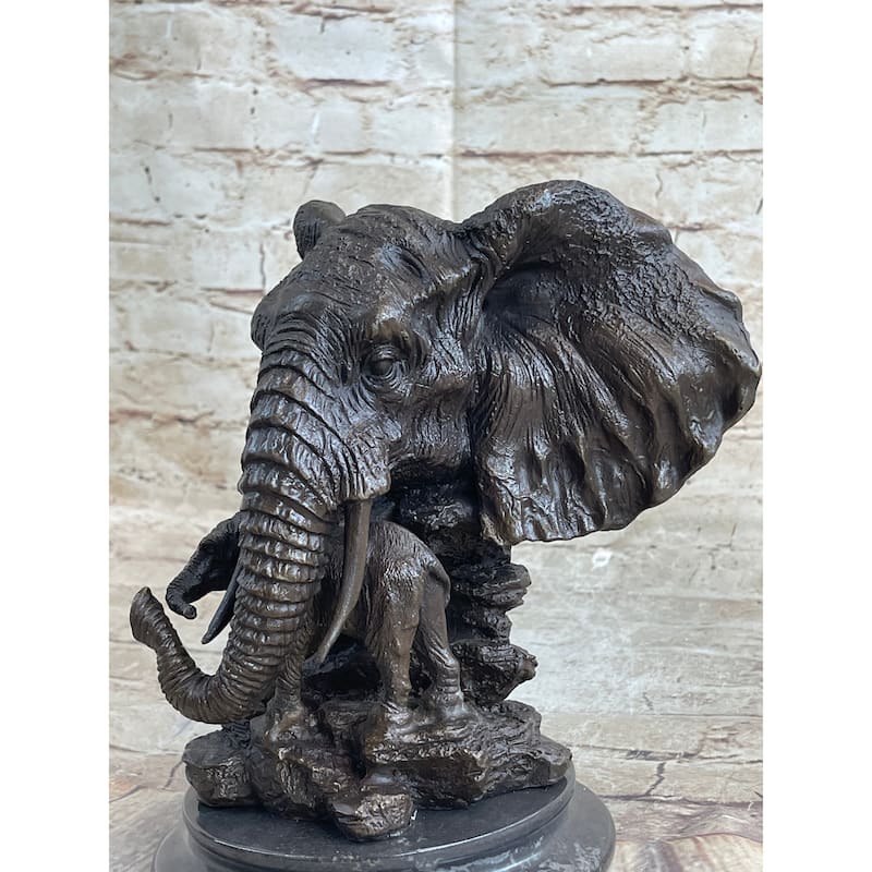 Original Striking Mive Imitative Elephant Head Bust With Baby Bronze Sculpture Statue