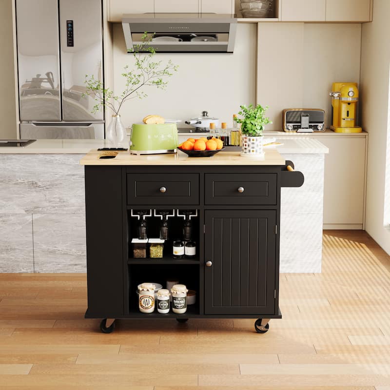 Kitchen Island with Power Outlet - Black