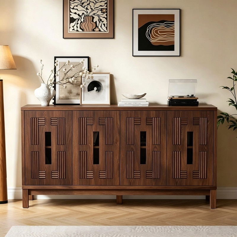 60.7"Mid Century Modern Sideboard Buffet,4-Door Geometric Reeded Carved Storage Cabinet,TV Console Table with Solid Wood Legs