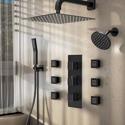 Dual Heads 12"Rainfall and High Pressure 6"Shower Faucet Dual Cascade System 3 Way Thermostatic Valve with 6 Body jets