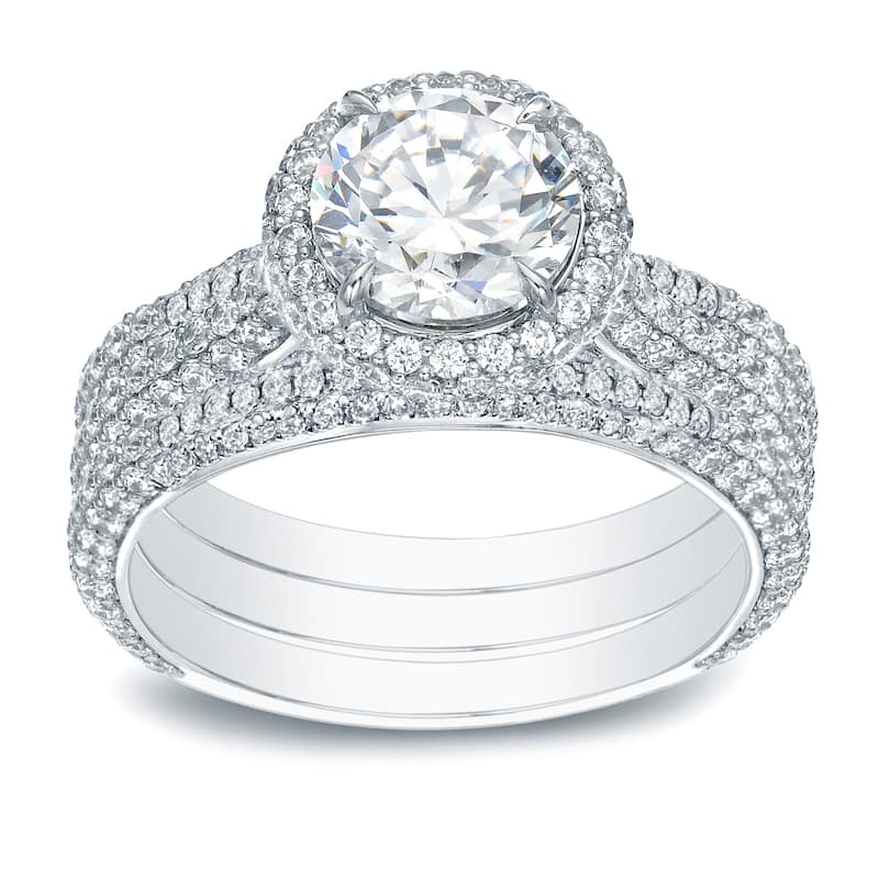 Auriya 3 1/5ctw Pave Halo Diamond Engagement Ring 3pc Set 14k Gold - White - 8