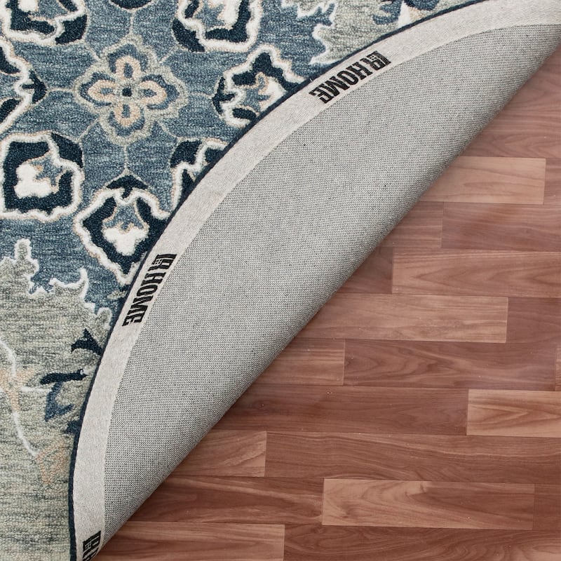 Sevita Rugify Farmhouse Medallion Gray/Blue Hand-Tufted Wool Round Indoor Area Rug