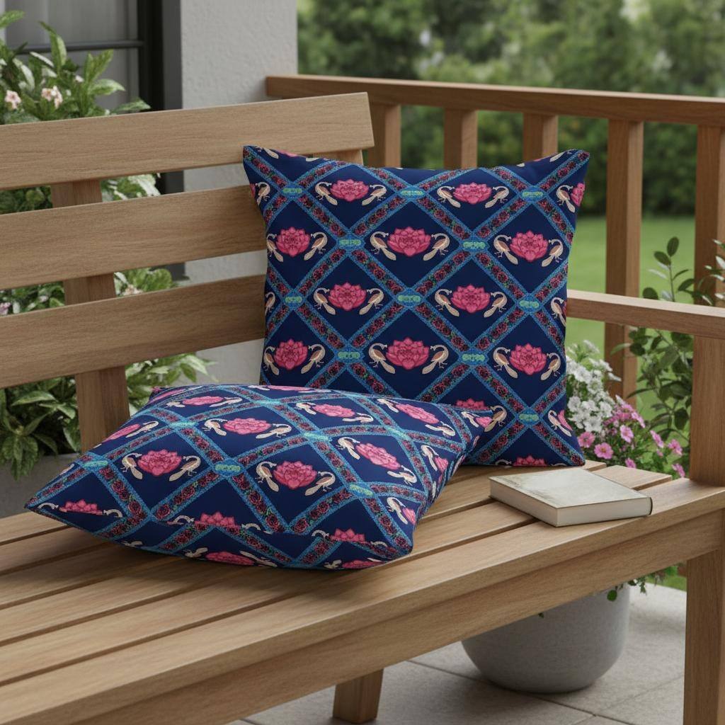 HomeRoots Set of Two 16" X 16" Blue and Pink Peacock Blown Seam Floral Indoor Outdoor Throw Pillow - 16.00' X '16.00' X '5.00
