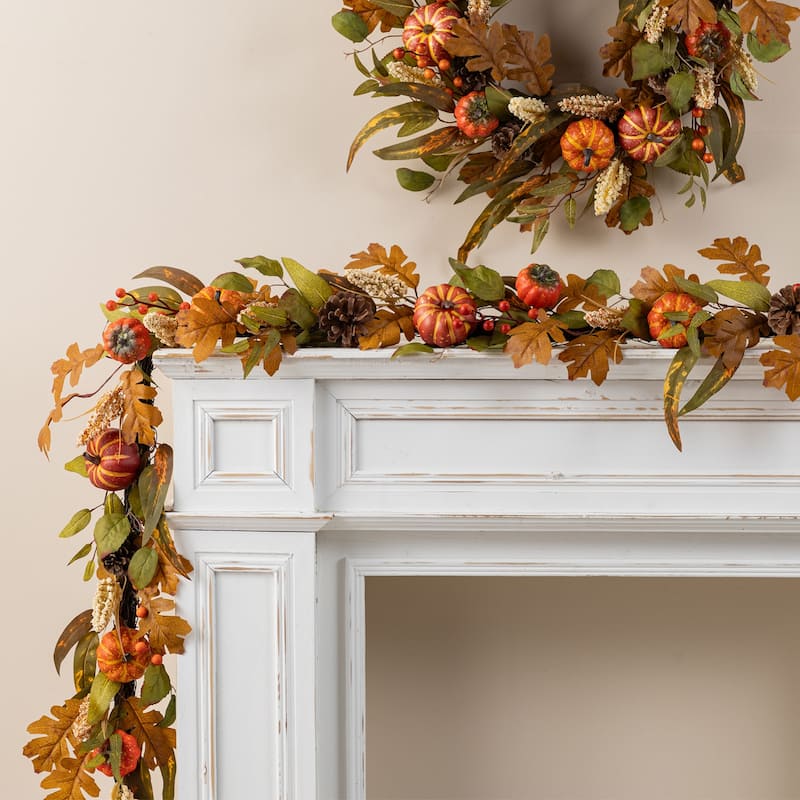 Glitzhome Fall Pumpkin Leaf Pine Cones Floral Swag Wreath Garland Thanksgiving Decor