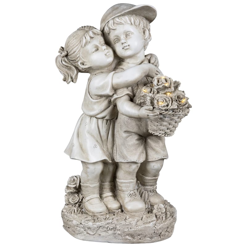 Solar Lighted Hugging Girl and Boy Outdoor Garden Statue - 16"