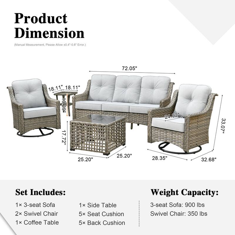 HOOOWOOO 5-piece Rattan Wicker Outdoor Conversation Set with Swivel Chair and Coffee Table