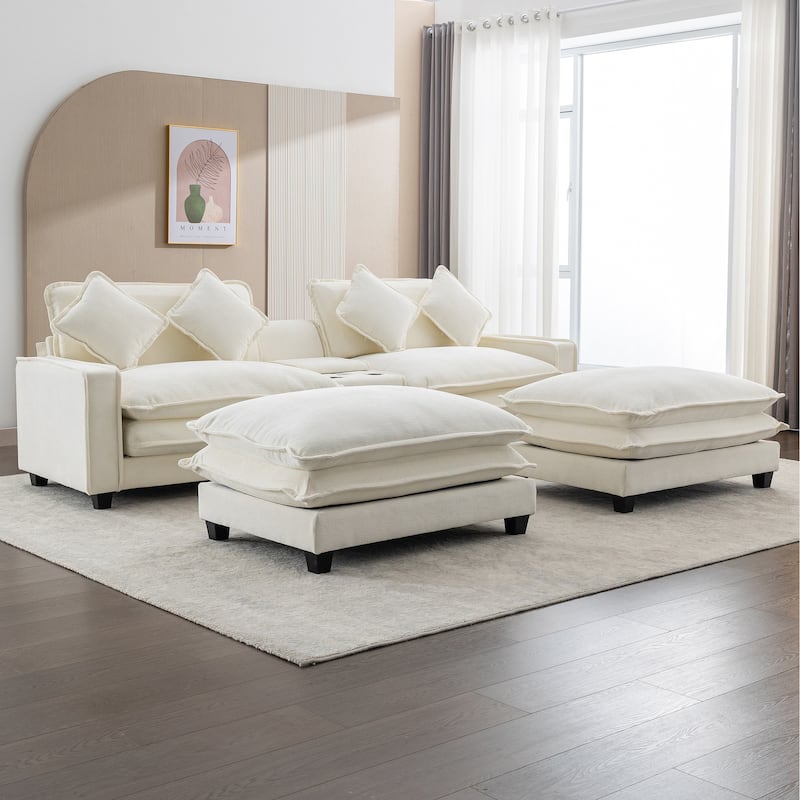 111" Beige Chenille Sectional Sofa with 2 Ottomans, 2 USB Ports, 2 Cup Holders & Storage