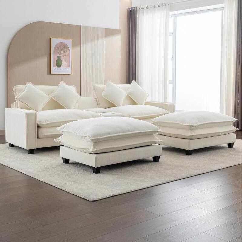 111" Chenille Sectional Sofa Set with USB Ports & Cup Holders, Oversized Chaise Lounge Modular Loveseat with 2 Ottomans