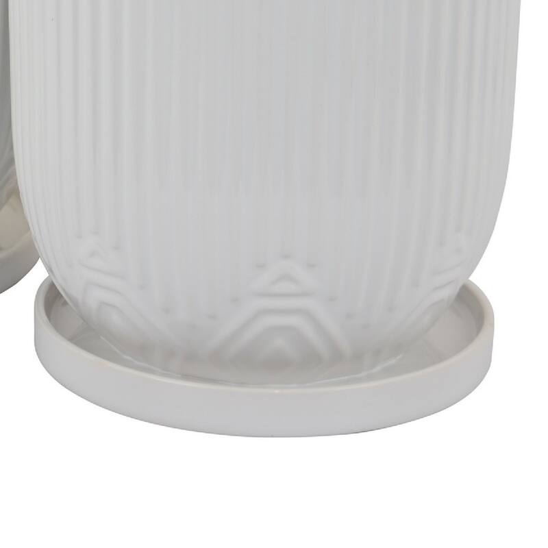 Set of 2 Elegant White Ceramic Planters Ribbed Design Geometric Base